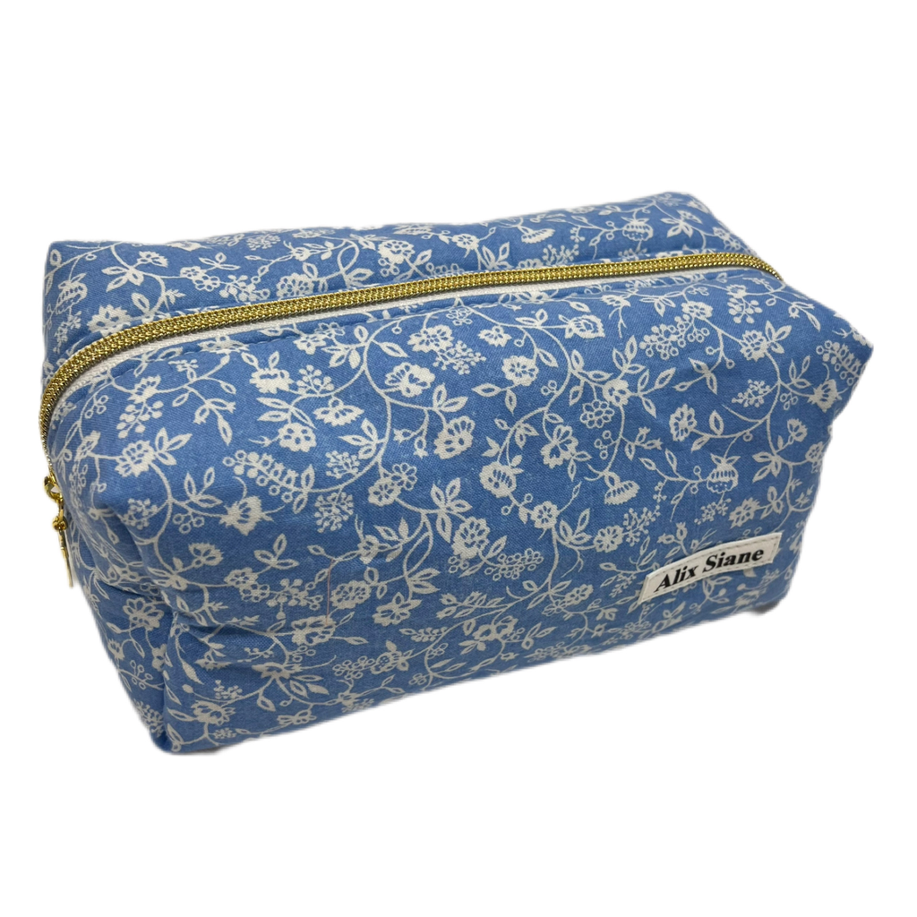 Trousse de toilette fleurs bleu, fermeture dorée